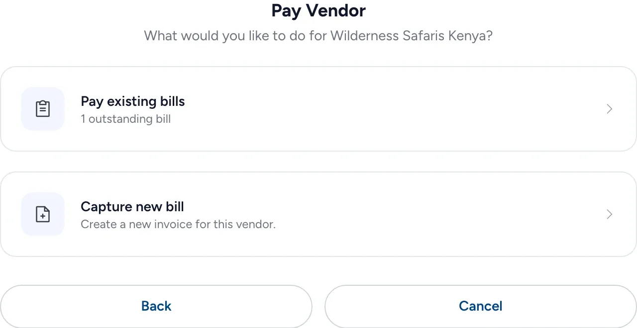 Pay Vendor in Triply: pay Wilderness Safaris Kenya’s existing bill, or capture a new one.