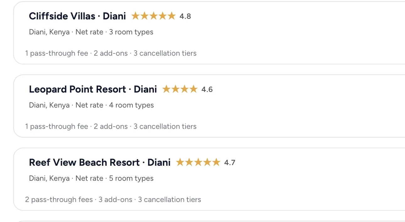 Contract rates in Triply: three Diani hotels with their net rates, room types and cancellation tiers.