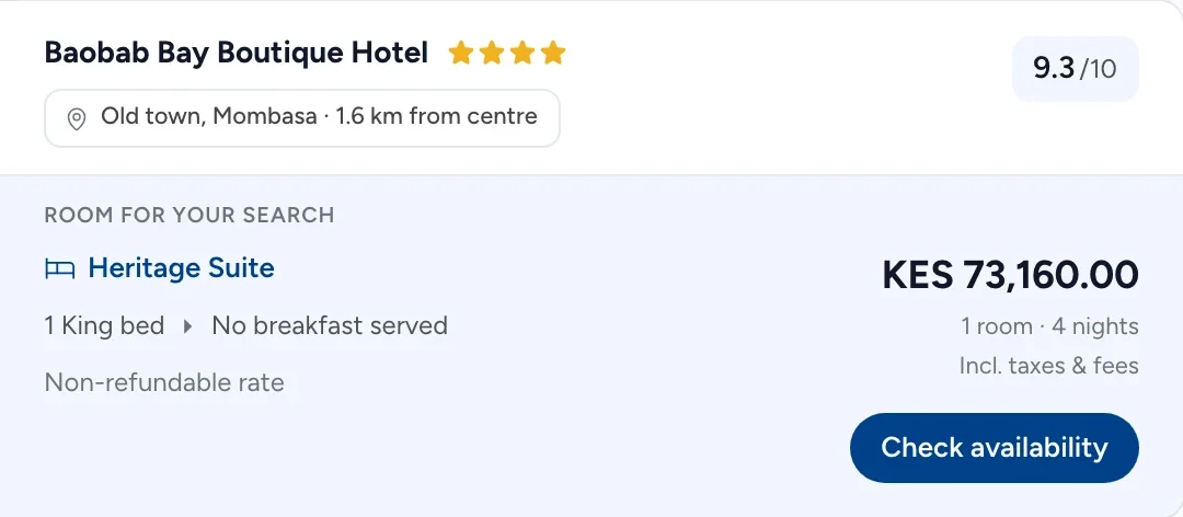 A hotel room as a travel agent sees it in Triply: the Heritage Suite, KES 73,160 for four nights, with Check availability.
