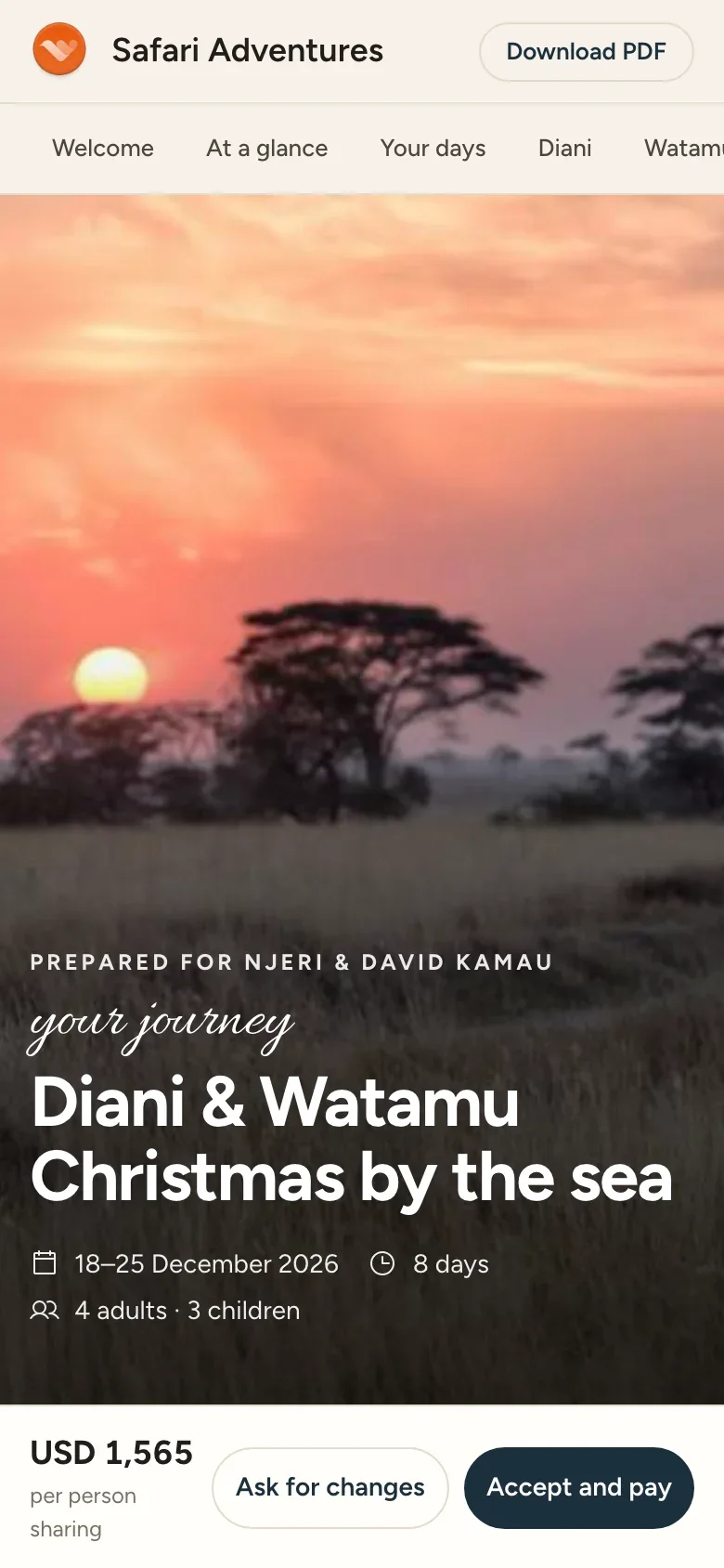 The itinerary on the client’s phone: Diani and Watamu, Christmas by the sea, with the price and Accept and pay.