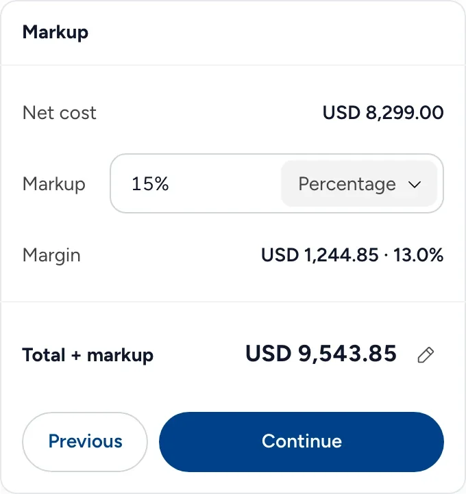 The quote’s Markup step: net cost USD 8,299, a 15% markup, the margin and the total.