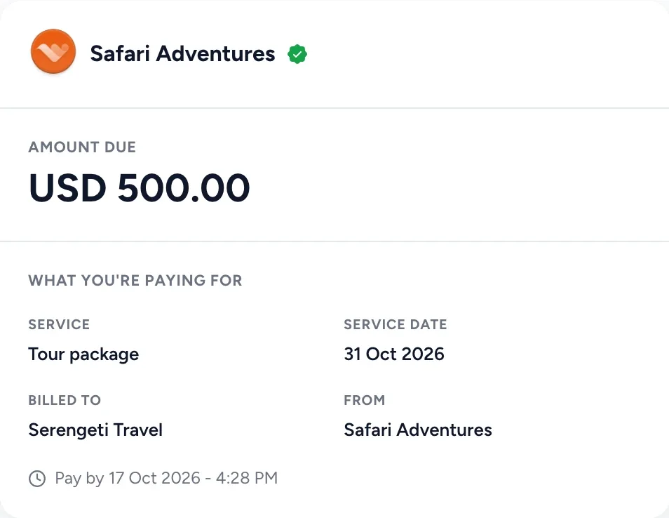 A payment link’s page: USD 500 due to Safari Adventures, billed to Serengeti Travel.
