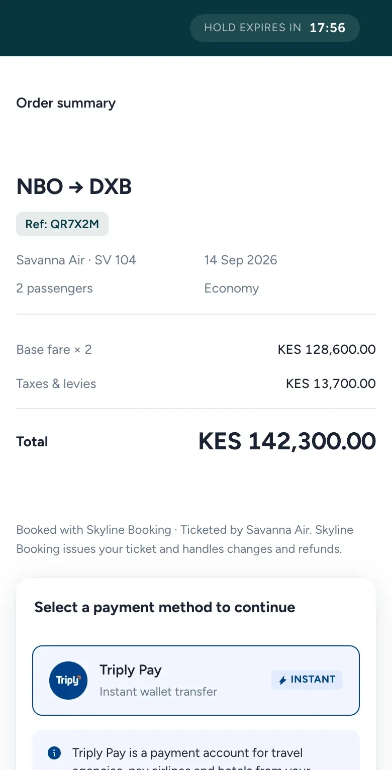 A booking platform’s checkout: Nairobi to Dubai for KES 142,300, with Triply Pay as the way to pay.