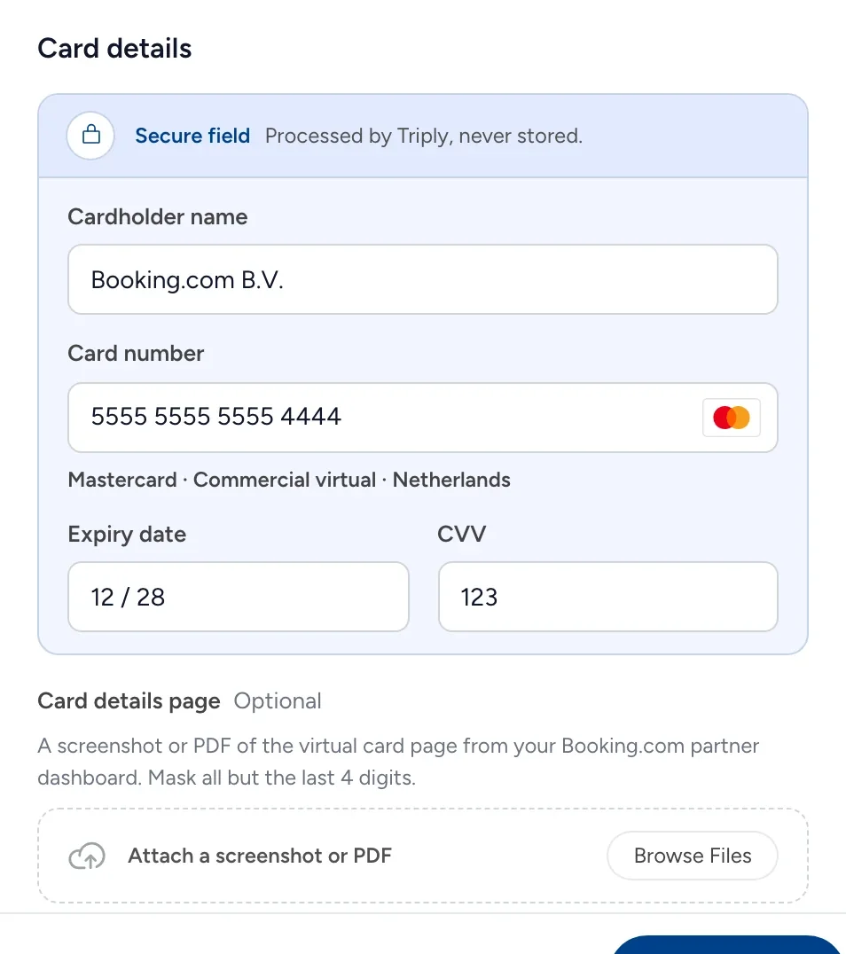 The virtual terminal’s card details: Booking.com B.V. as the cardholder, the card number, expiry and CVV in a secure field.