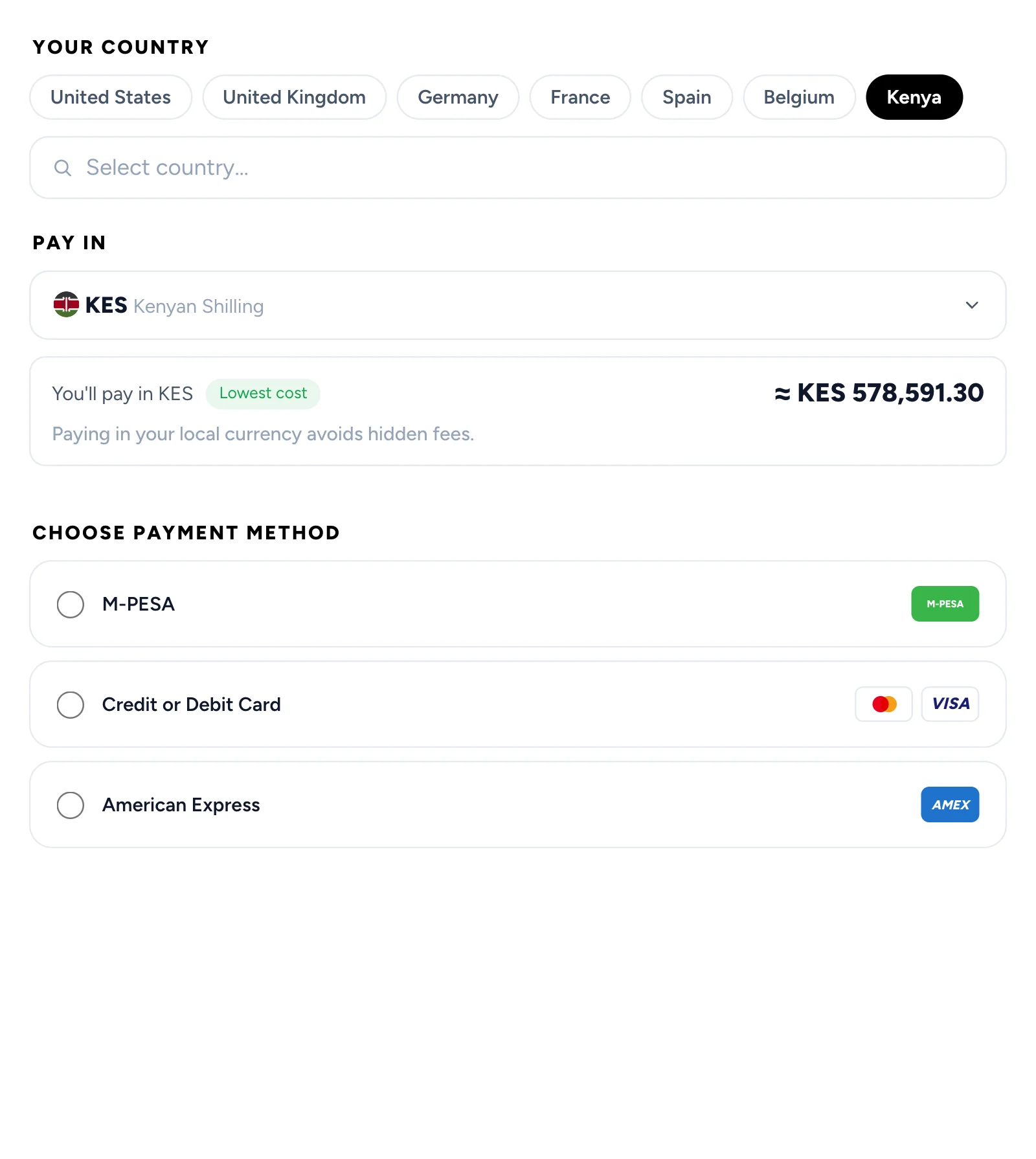 The traveler’s checkout offering ways to pay by country: Kenya in KES with mobile money, card and American Express; the United States in USD with wire transfer, card, American Express, Apple Pay, Google Pay and Link; the United Kingdom in GBP with Pay by Bank, card, American Express, BACS Direct Debit, Apple Pay and Google Pay; Germany in EUR with Pay by Bank, SEPA Direct Debit, iDEAL, Bancontact, card, American Express, Apple Pay and Google Pay