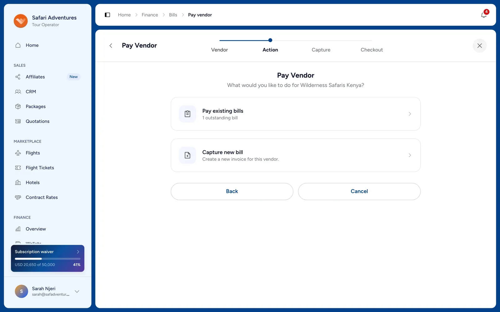 Pay Vendor: pay the vendor’s existing bills, or capture a new one.