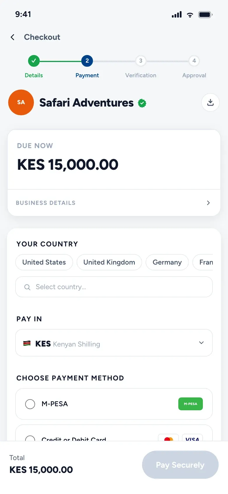 The traveler’s checkout on a phone: KES 15,000 due, Kenya chosen, mobile money picked.