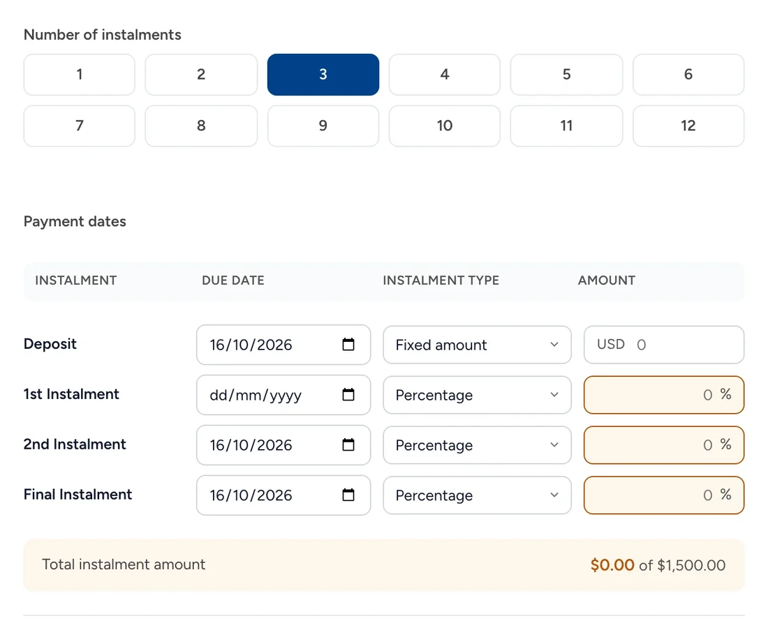 An invoice’s payment plan: the number of instalments, from 1 to 12, and each one’s due date and amount.