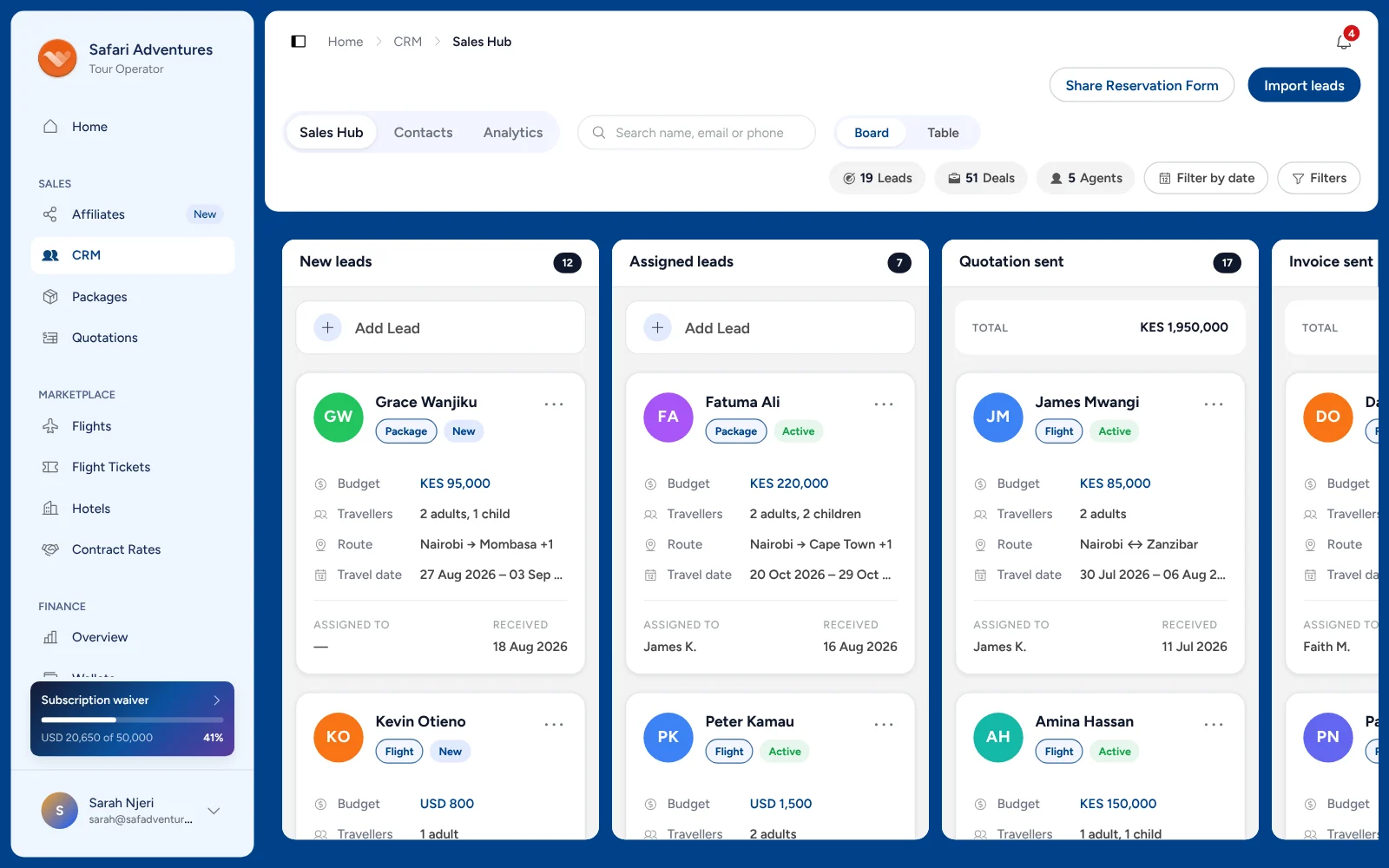 Triply’s Sales hub: enquiries as cards in columns, from new leads to quotations sent. A lead’s menu opens on Generate quote.