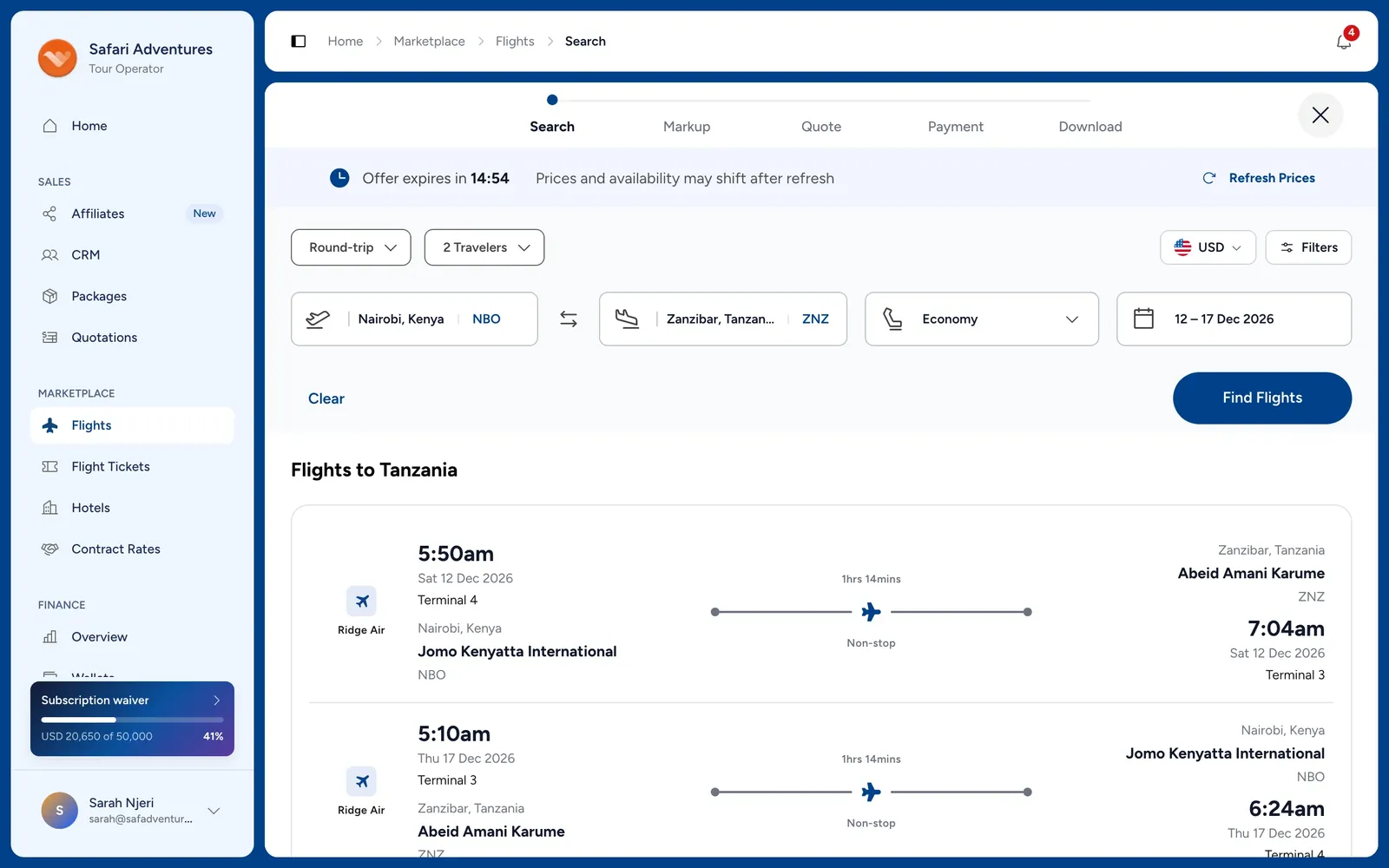 Flight search in the Triply marketplace: Nairobi to Zanzibar, with fares to pick from.
