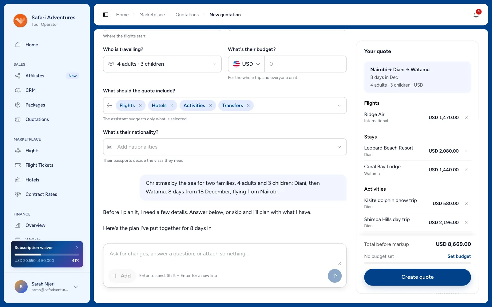 The AI quote builder: a family brief for Diani and Watamu turned into a priced plan with flights, stays and activities.