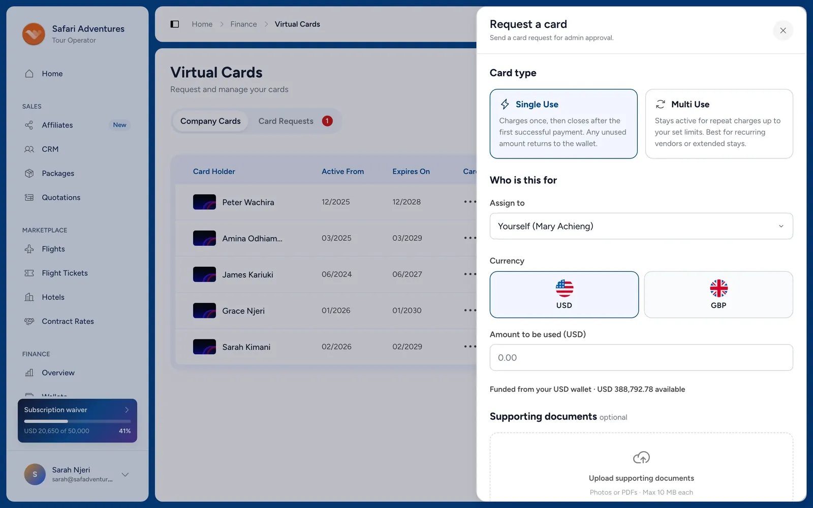 Request a card: a single-use card, who it is for, the currency and the amount, funded from the USD wallet.