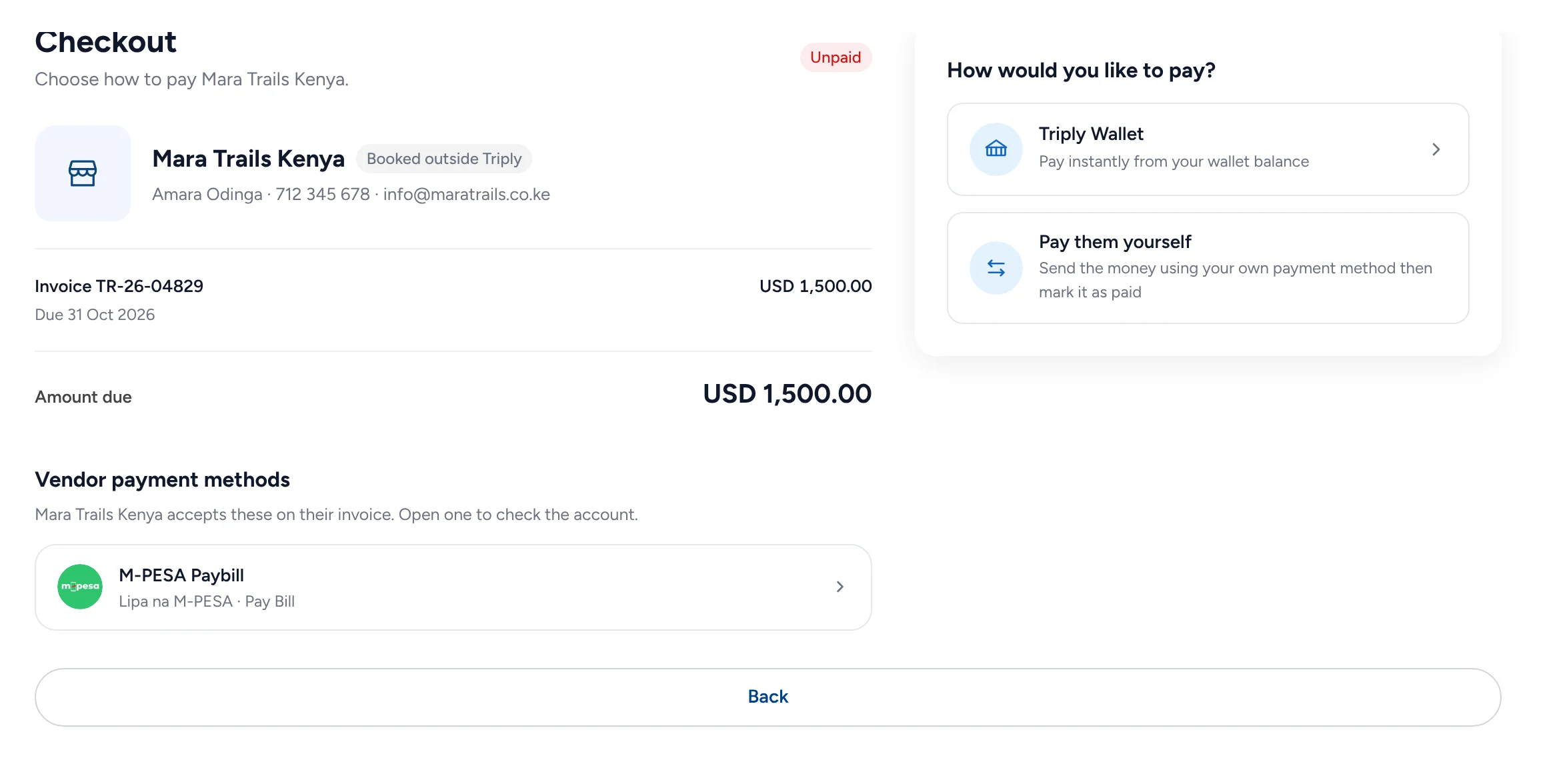Checkout for Mara Trails Kenya, booked outside Triply: invoice TR-26-04829 for USD 1,500 due 31 Oct 2026, the vendor’s mobile money Paybill, and pay from Triply Wallet or pay them yourself.