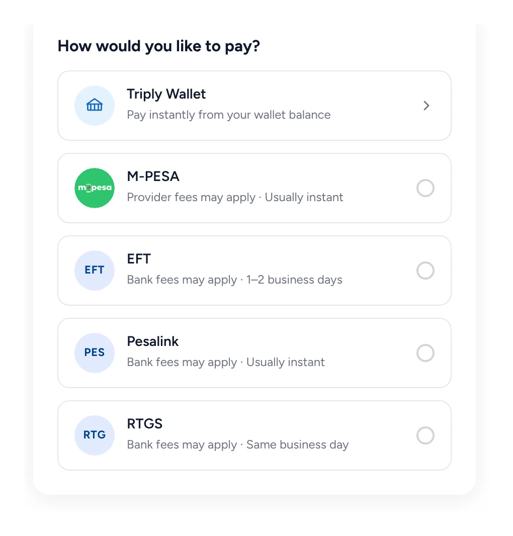 How would you like to pay: Triply Wallet, pay instantly from your wallet balance; mobile money; EFT, 1 to 2 business days; Pesalink, usually instant; RTGS, same business day.