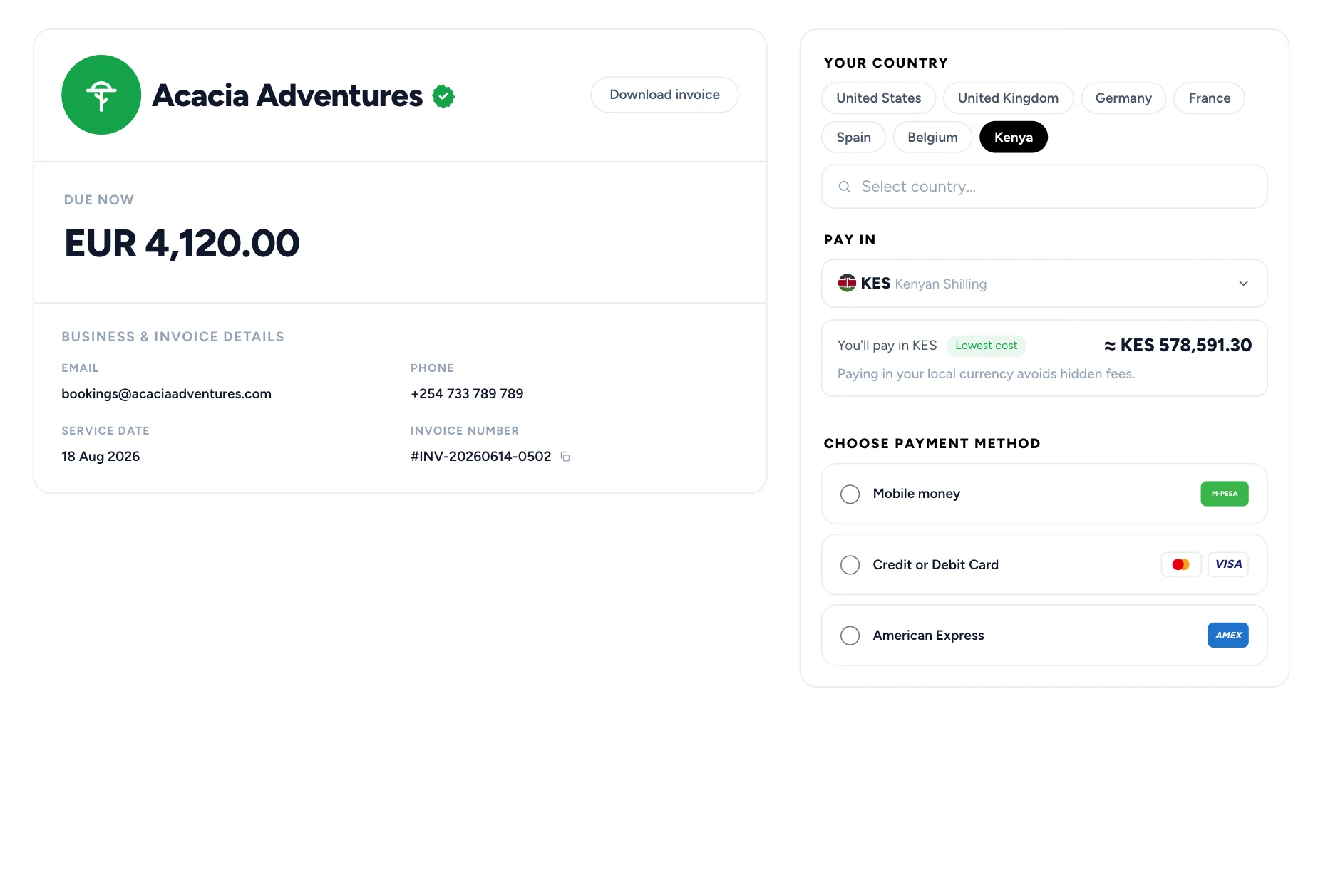 The traveler’s checkout for Acacia Adventures’ EUR 4,120 invoice, the business and invoice on the left, choosing where they pay from on the right, the country changing in turn: Kenya pays in KES by mobile money, card or American Express; the United Kingdom in GBP by Pay by Bank, card, American Express, BACS Direct Debit, Apple Pay or Google Pay; the United States in USD by wire transfer, card, American Express, Apple Pay, Google Pay or Link; Germany in EUR by Pay by Bank, SEPA Direct Debit, iDEAL, Bancontact, card, American Express, Apple Pay or Google Pay.