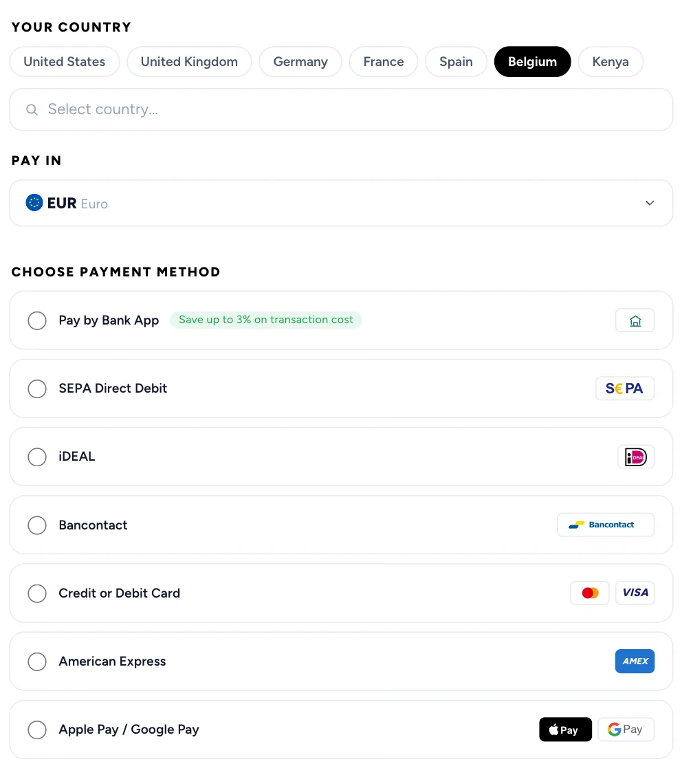 The traveler’s checkout from Belgium: paying in EUR by Pay by Bank, SEPA Direct Debit, iDEAL, Bancontact, card, American Express, Apple Pay or Google Pay.