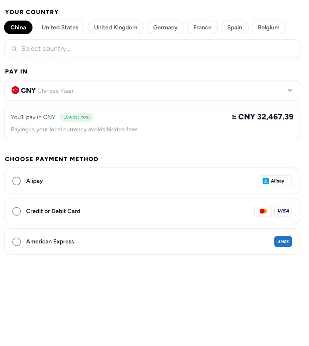 The traveler’s checkout from China: paying in CNY, about CNY 32,467.39, by Alipay, card or American Express.