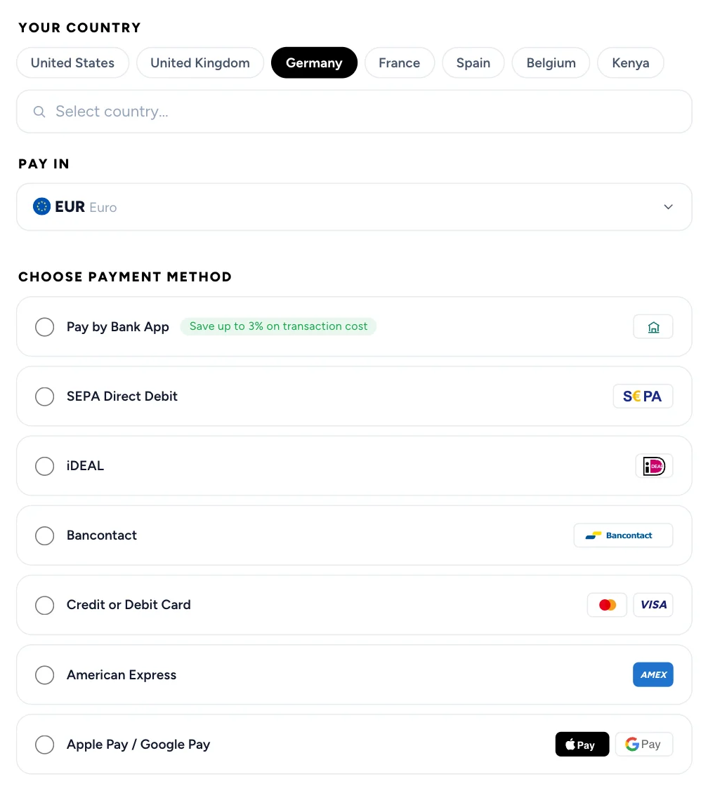 The traveler’s checkout from Germany: paying in EUR by Pay by Bank, SEPA Direct Debit, iDEAL, Bancontact, card, American Express, Apple Pay or Google Pay.