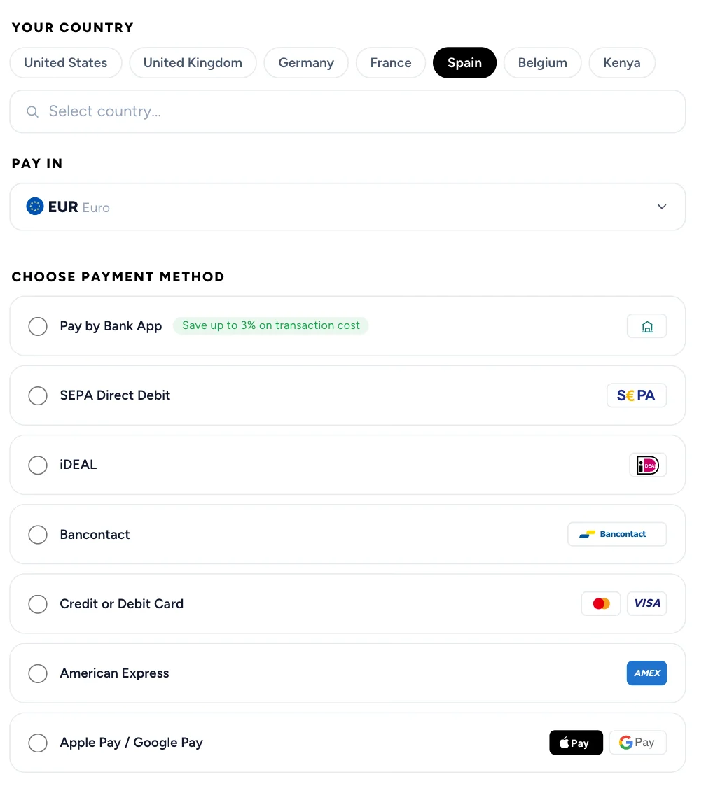 The traveler’s checkout from Spain: paying in EUR by Pay by Bank, SEPA Direct Debit, iDEAL, Bancontact, card, American Express, Apple Pay or Google Pay.