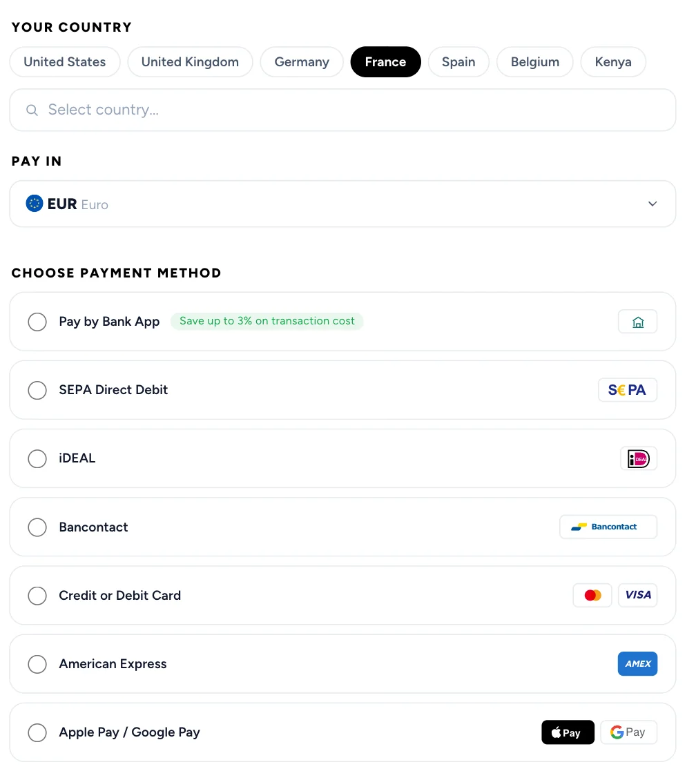 The traveler’s checkout from France: paying in EUR by Pay by Bank, SEPA Direct Debit, iDEAL, Bancontact, card, American Express, Apple Pay or Google Pay.