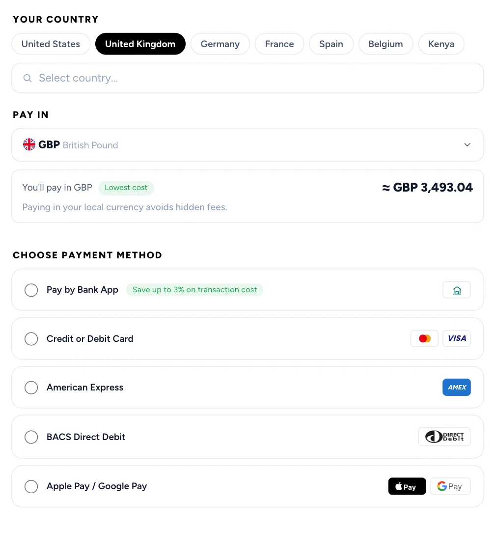 The traveler’s checkout from the United Kingdom: paying in GBP, about GBP 3,493.04, by Pay by Bank, card, American Express, BACS Direct Debit, Apple Pay or Google Pay.