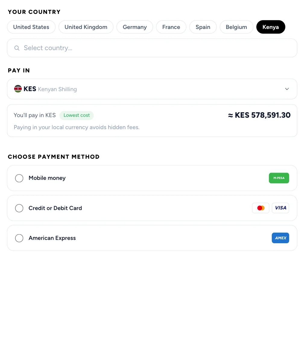 The traveler’s checkout, choosing where they pay from, the country changing in turn: Kenya pays in KES by mobile money, card or American Express; the United Kingdom in GBP by Pay by Bank, card, American Express, BACS Direct Debit, Apple Pay or Google Pay; the United States in USD by wire transfer, card, American Express, Apple Pay, Google Pay or Link; Germany in EUR by Pay by Bank, SEPA Direct Debit, iDEAL, Bancontact, card, American Express, Apple Pay or Google Pay.