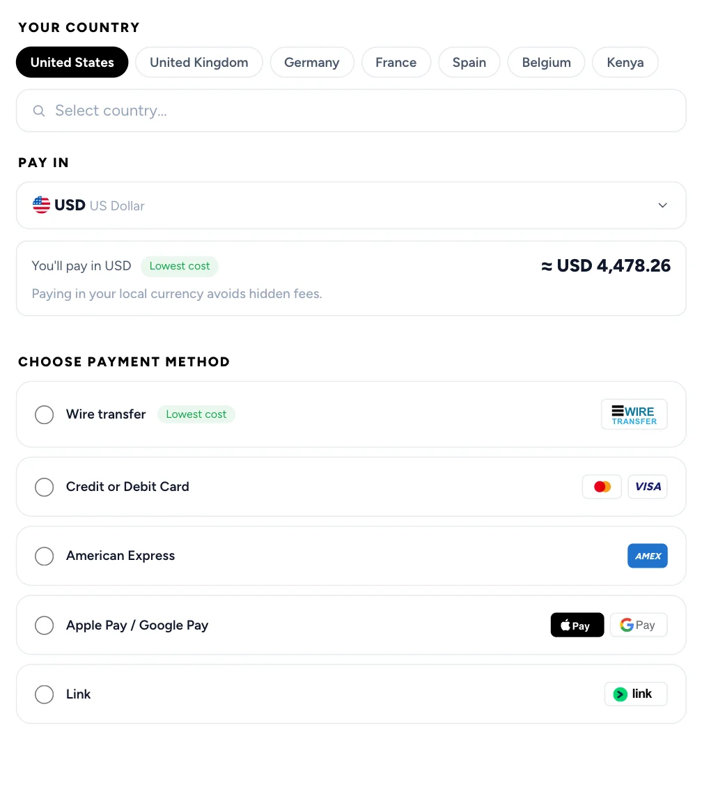 The traveler’s checkout from the United States: paying in USD by wire transfer, the lowest cost, card, American Express, Apple Pay or Google Pay, or Link.