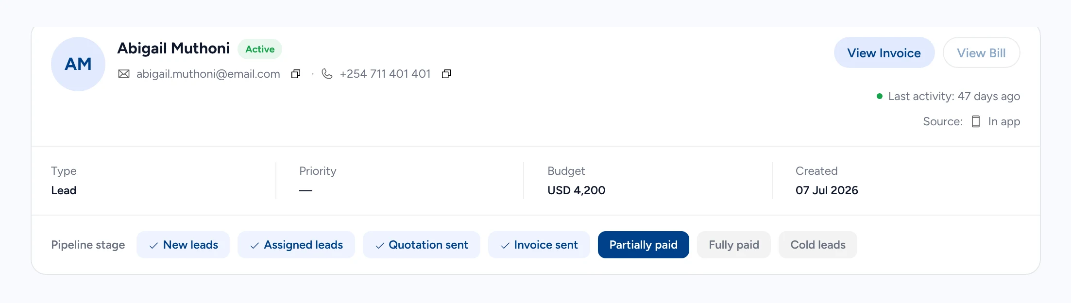 Abigail Muthoni’s lead: active, USD 4,200 budget, created 07 Jul 2026, with View Invoice, View Bill, and the pipeline stage at Partially paid.