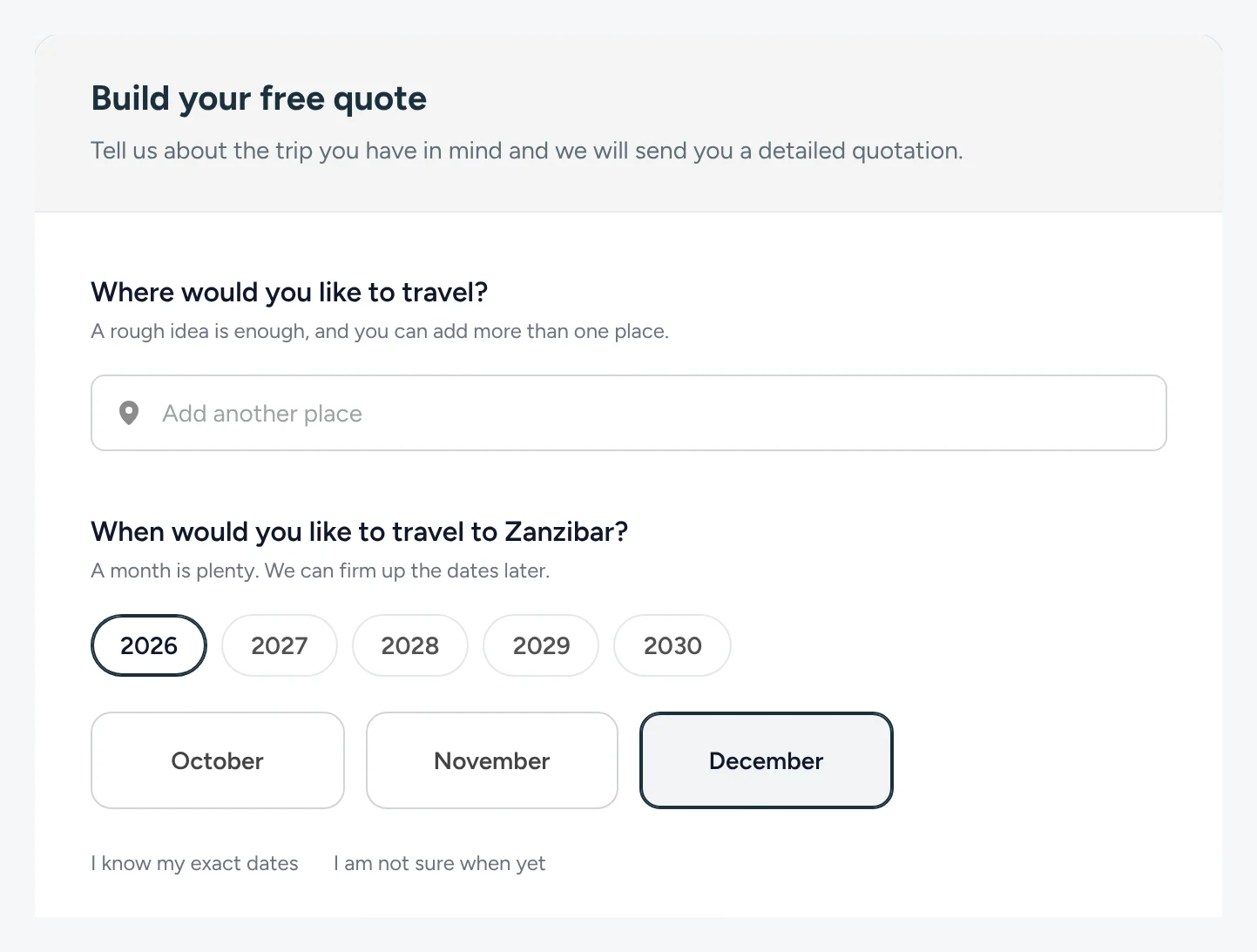 The inquiry form: Build your free quote, where would you like to travel, and when, with 2026 and December picked.