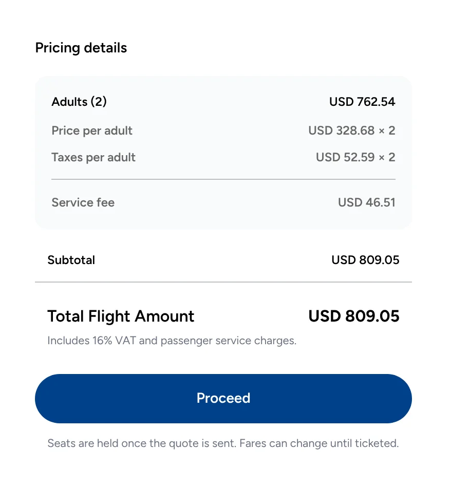 Pricing details for 2 adults: USD 328.68 per adult plus USD 52.59 taxes, a USD 46.51 service fee, total flight amount USD 809.05 including 16% VAT, and Proceed.