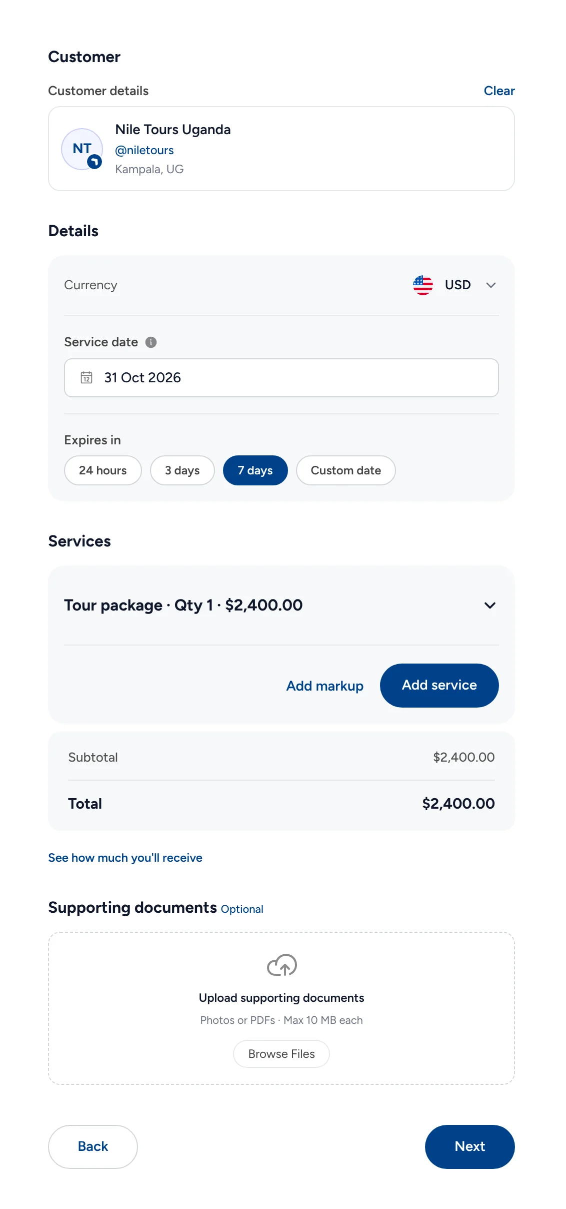 Create Invoice in Triply: Nile Tours Uganda as the customer, USD, service date 31 Oct 2026, expires in 7 days, a tour package of USD 2,400, Add markup, Add service and See how much you’ll receive.