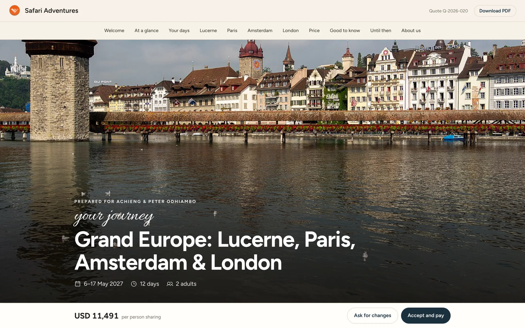 A client’s itinerary from Safari Adventures: Grand Europe, Lucerne, Paris, Amsterdam and London, 6 to 17 May 2027, 12 days, 2 adults, with chapters along the top and USD 11,491 per person, Ask for changes and Accept and pay along the bottom.