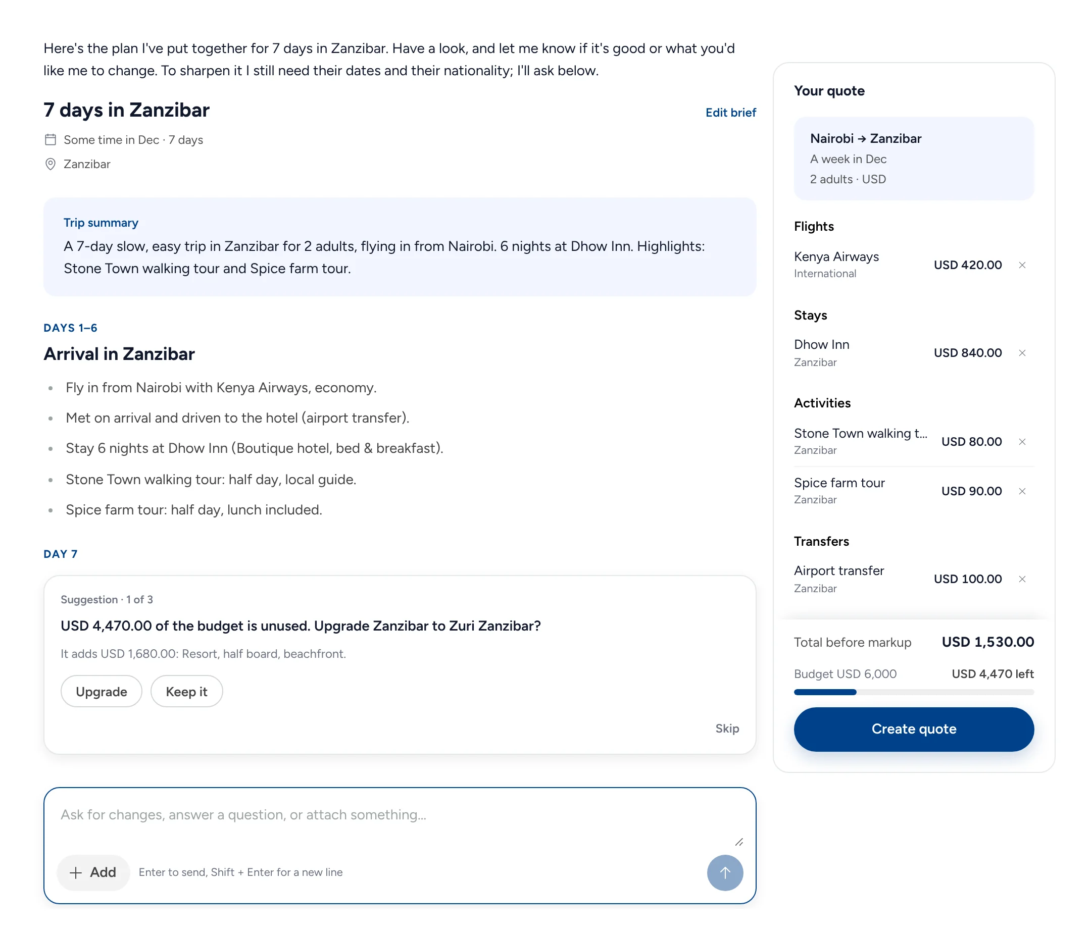 The assistant’s plan: 7 days in Zanzibar, days 1 to 6 with Kenya Airways, Dhow Inn and two tours, a suggestion to upgrade to Zuri Zanzibar, and Your quote at USD 1,530 against a USD 6,000 budget.