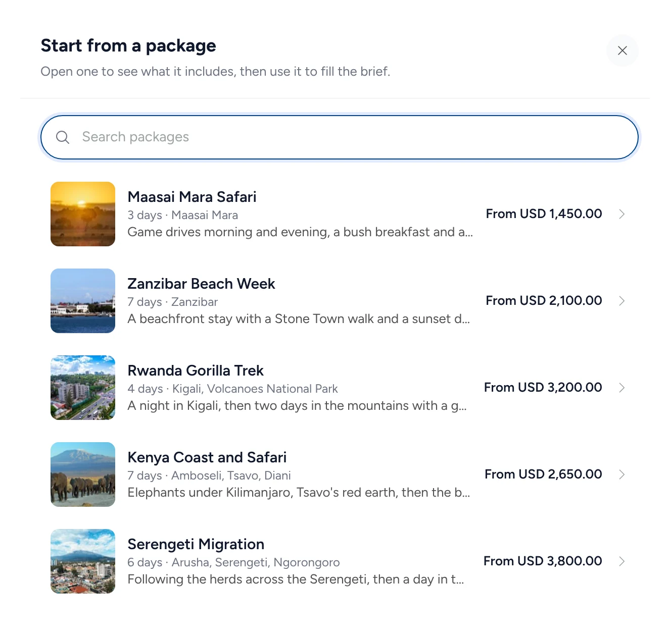 Your packages: Maasai Mara Safari from USD 1,450, Zanzibar Beach Week from USD 2,100, Rwanda Gorilla Trek from USD 3,200, Kenya Coast and Safari from USD 2,650 and Serengeti Migration from USD 3,800.