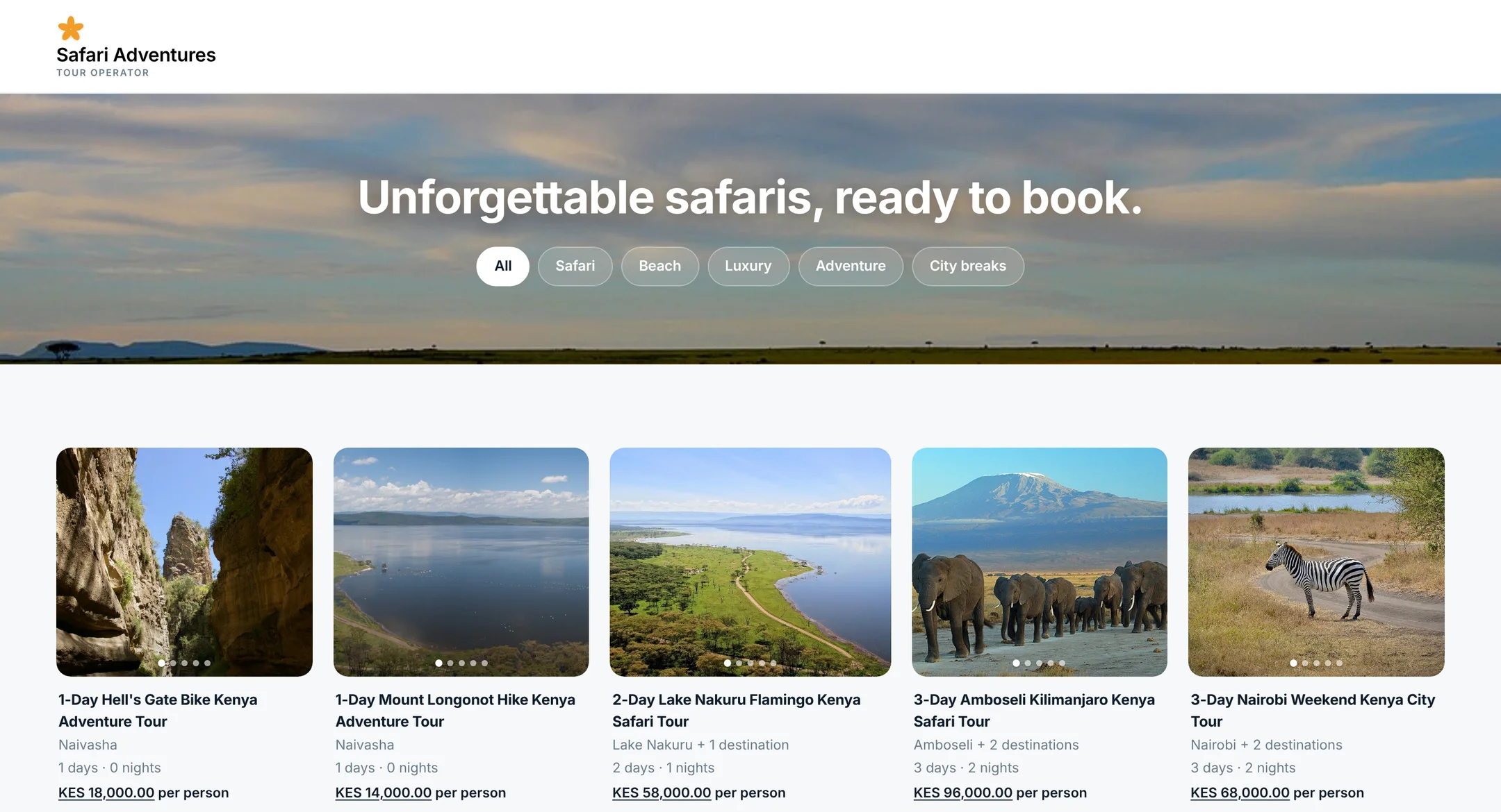 A packages storefront for Safari Adventures with safari packages and their prices per person.