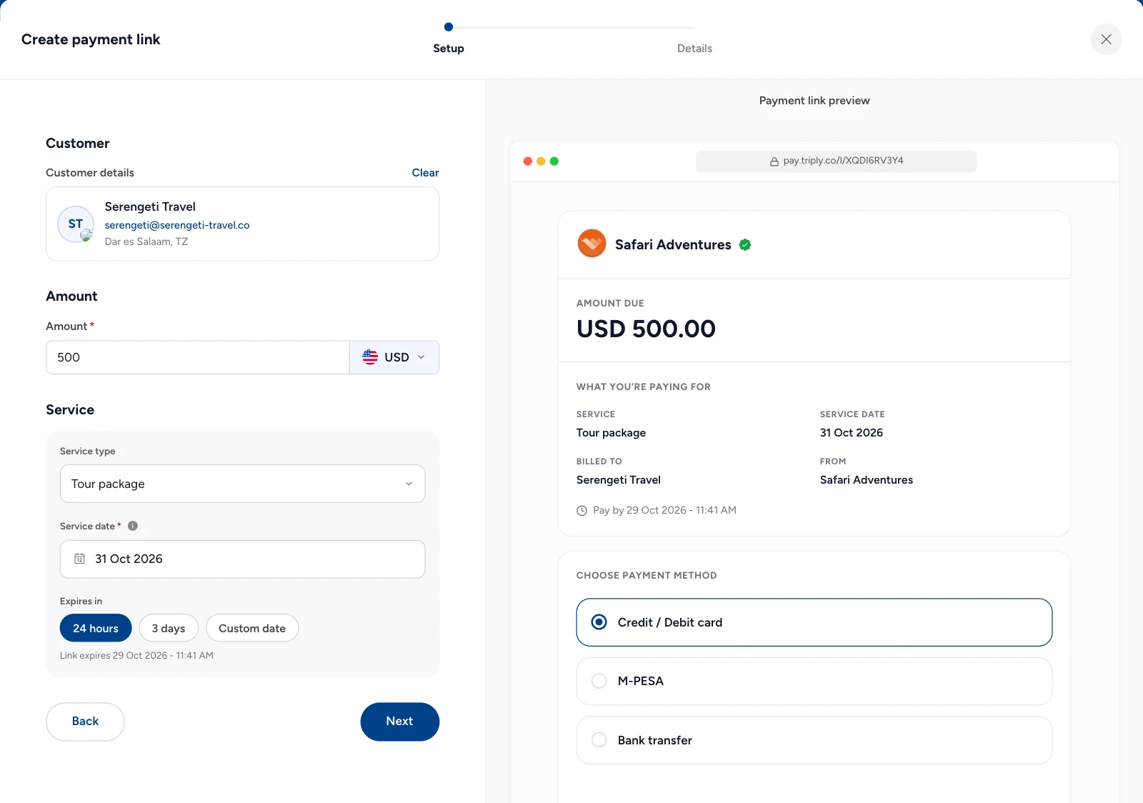 Create payment link: the client, USD 500 for a tour package, and a preview of the page the client will see.