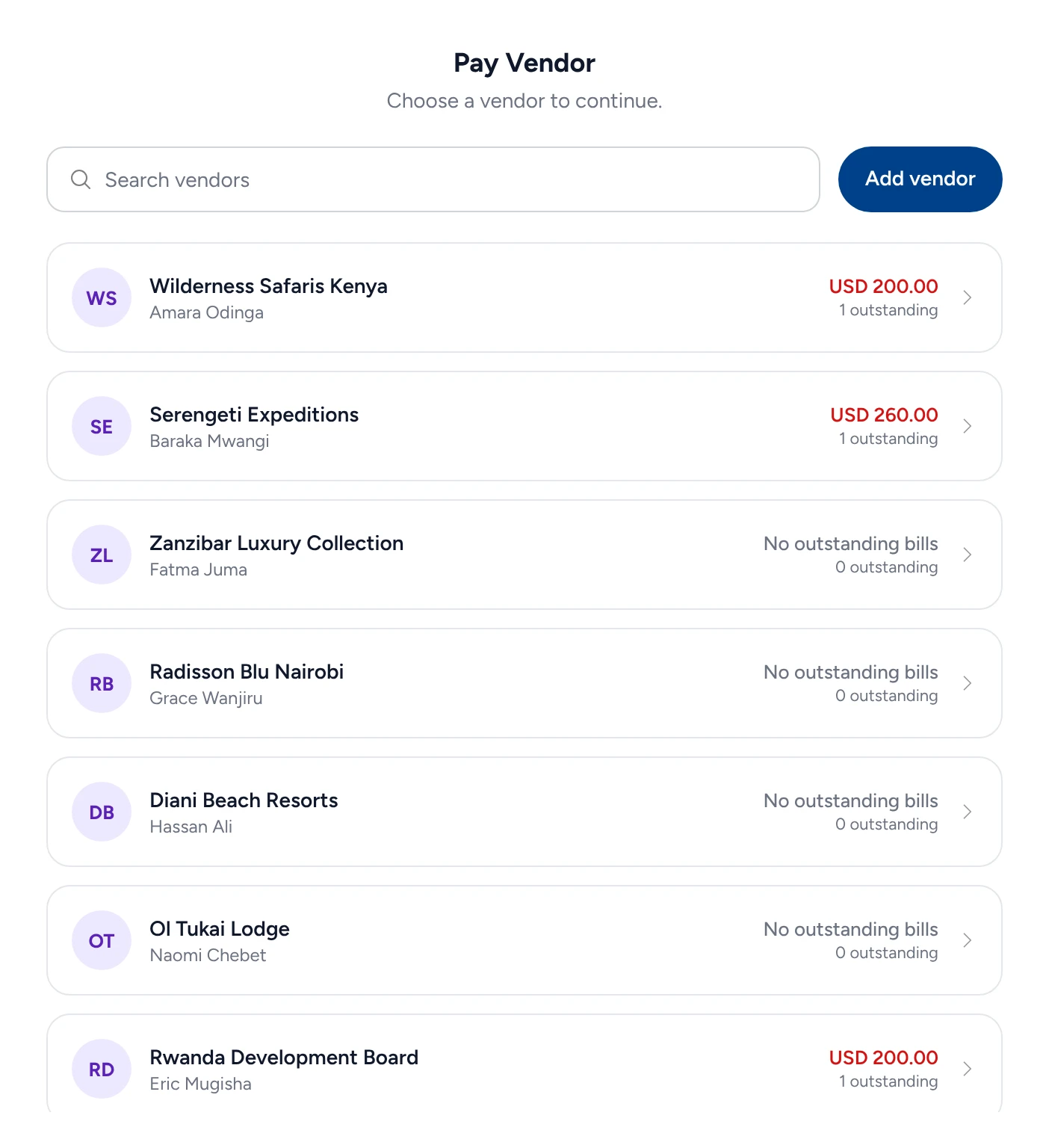 Triply’s Pay Vendor list: each vendor with what is outstanding to them.