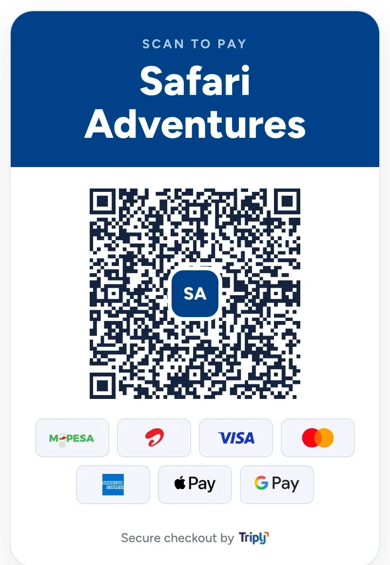 The Scan to Pay poster for Safari Adventures: its QR code and the ways to pay: mobile money, Visa, Mastercard, American Express, Apple Pay and Google Pay.