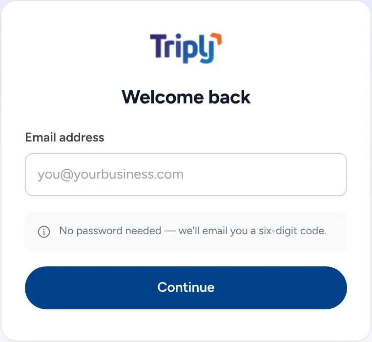 The Triply sign-in: email address, and no password needed, we’ll email you a six-digit code.
