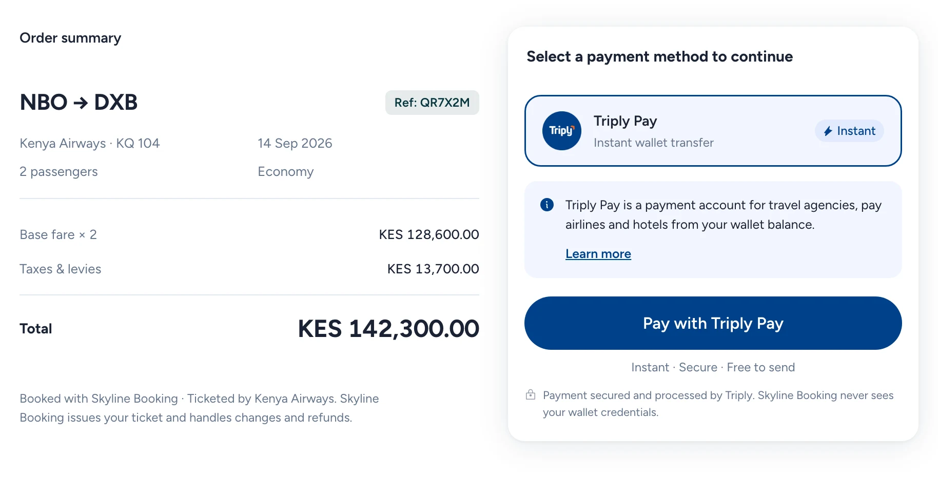A partner booking site’s checkout for a KES 142,300 flight, Nairobi to Dubai, with Triply Pay chosen: instant, secure, free to send.