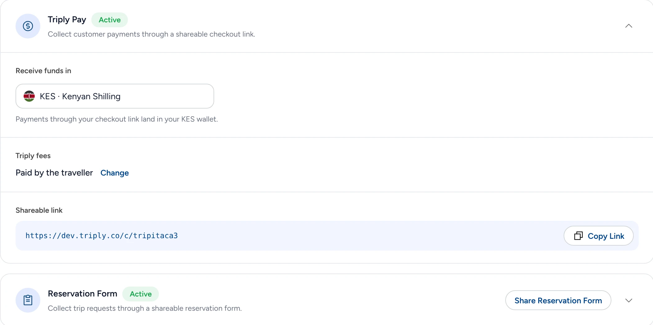 Triply Pay in Settings, Integrations: active, receive funds in the KES wallet, Triply fees paid by the traveler, and a shareable link with Copy Link.