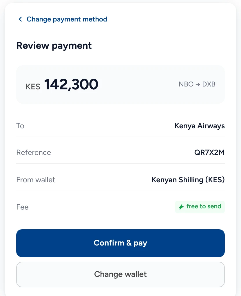 Review payment: KES 142,300 to Kenya Airways, reference QR7X2M, from the KES wallet, fee free to send, with Confirm and pay.
