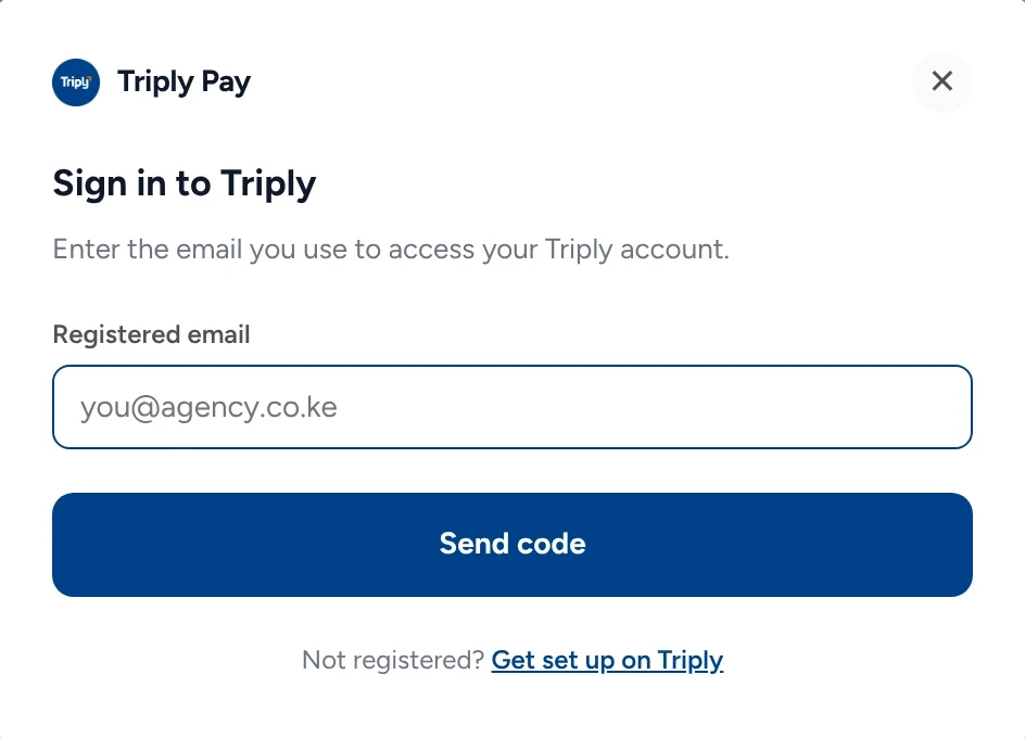 Sign in to Triply: the registered email and Send code, with a link to get set up for agencies not yet on Triply.