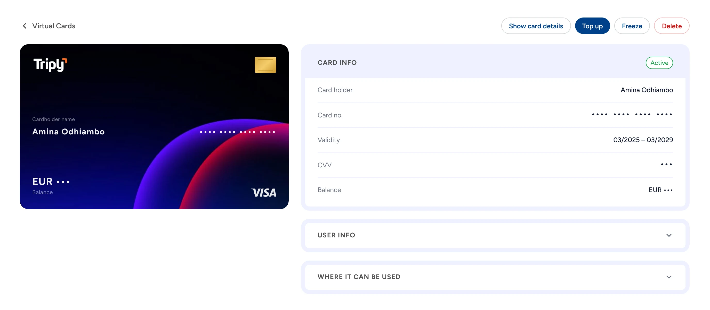 A card’s page in Triply: Amina Odhiambo’s EUR Visa card, active, valid 03/2025 to 03/2029, with Show card details, Top up, Freeze and Delete.