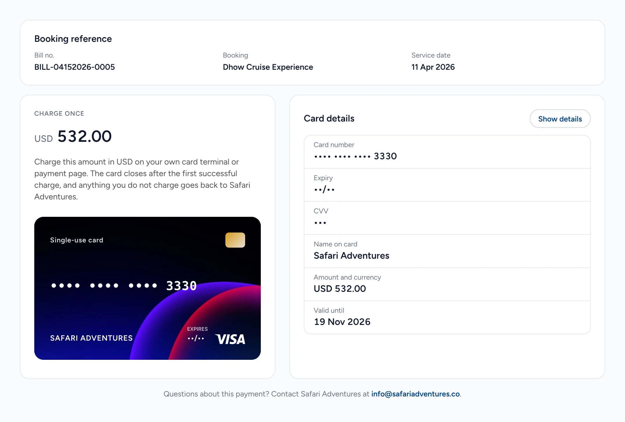 A single-use card on the supplier’s page: charge once USD 532.00, a Visa ending 3330, valid until 19 Nov 2026.