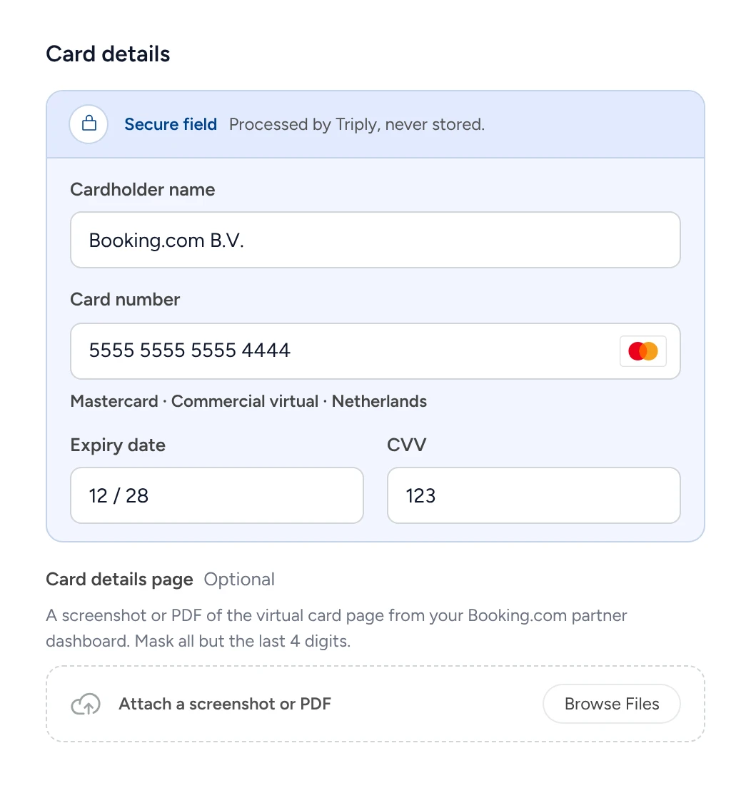 Card details in a secure field, processed by Triply and never stored: cardholder Booking.com B.V., a Mastercard commercial virtual card.