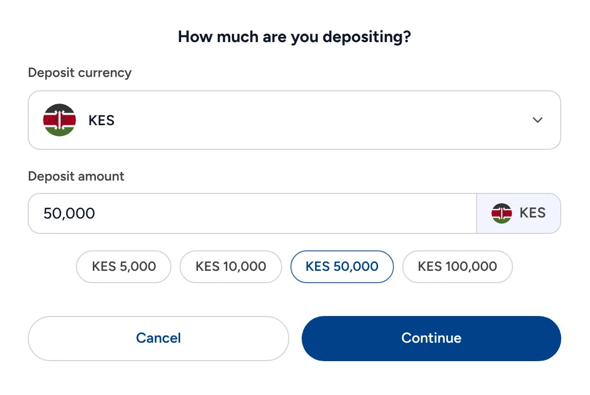 Deposit in Triply: KES 50,000 into the KES wallet, with presets of KES 5,000, 10,000, 50,000 and 100,000.